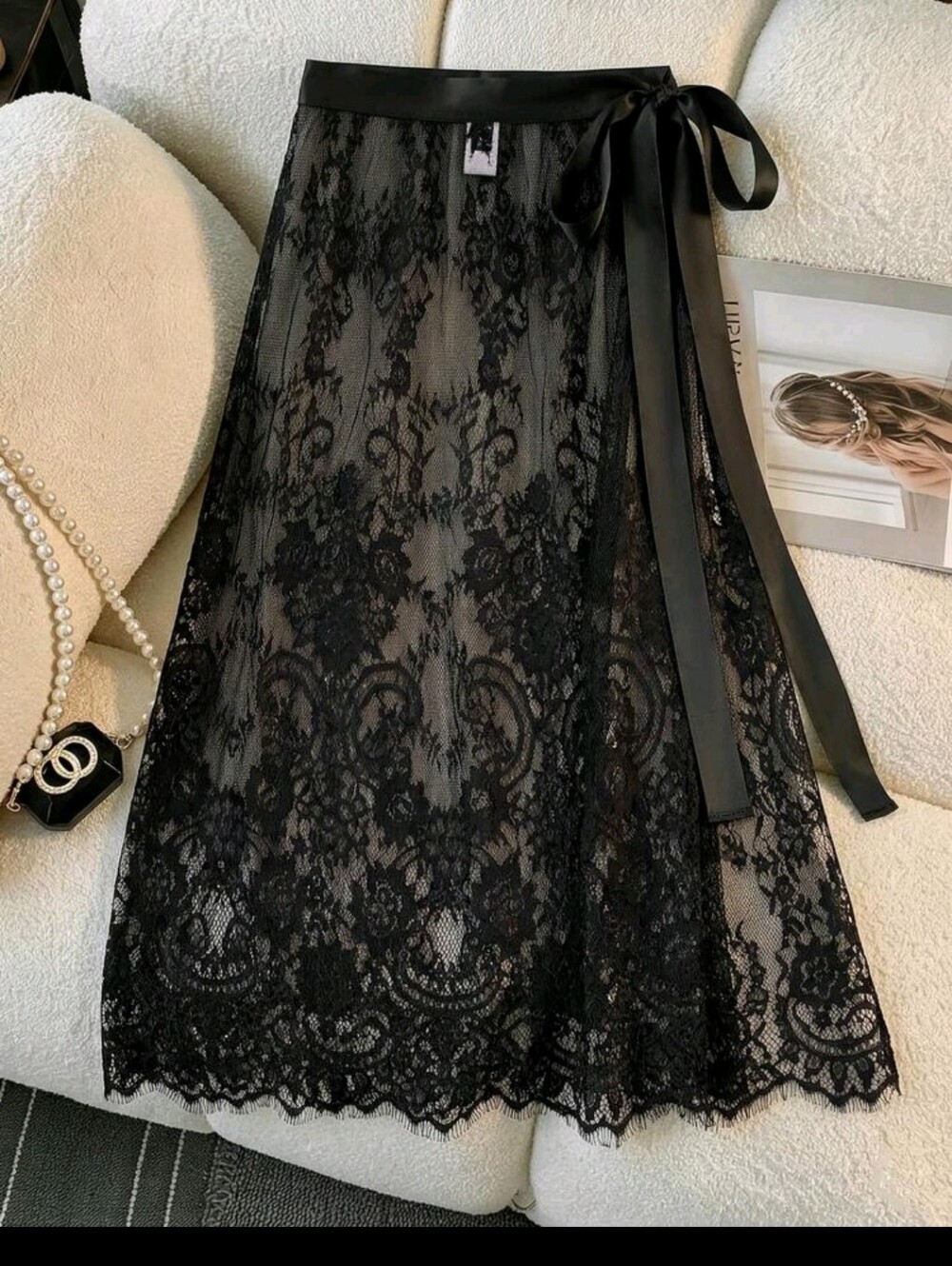 BRAND NEW ** Black Lace Midi Skirt with Satin Tie